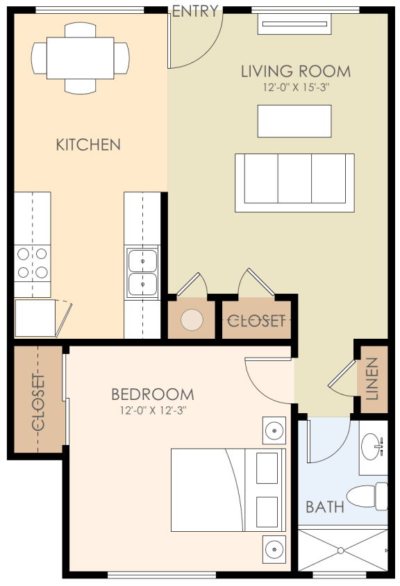 1 Bedroom 1 Bath Floor Plan 600 to 700 Sq.Ft. at Verandas, Menlo Park