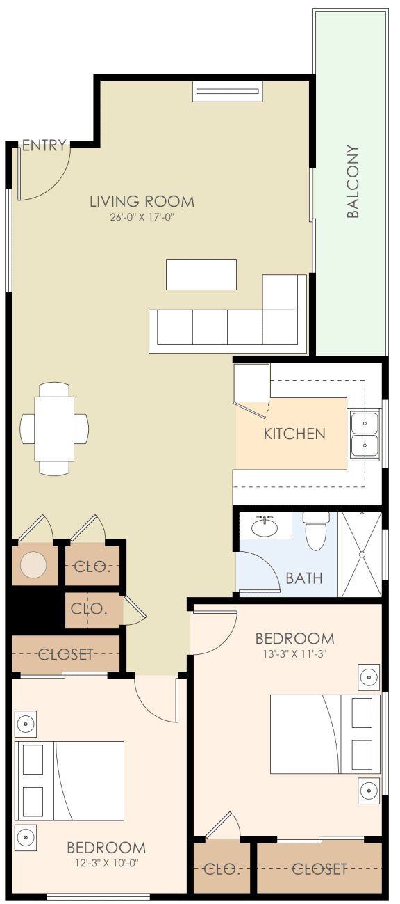 Unit 744 J 2 Bed 1 Bath Floorplan 700 to 800 Sq.Ft. at Verandas, Menlo Park, 94025
