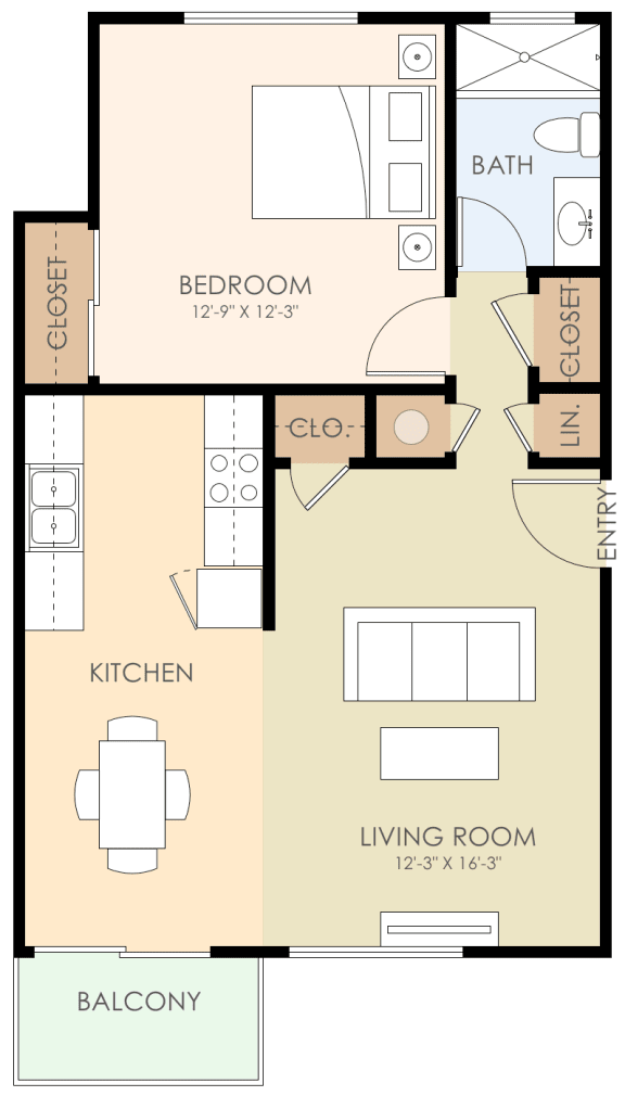 One Bedroom One Bath Floor Plan 600 to 700 Sq.Ft. at Verandas, Menlo Park