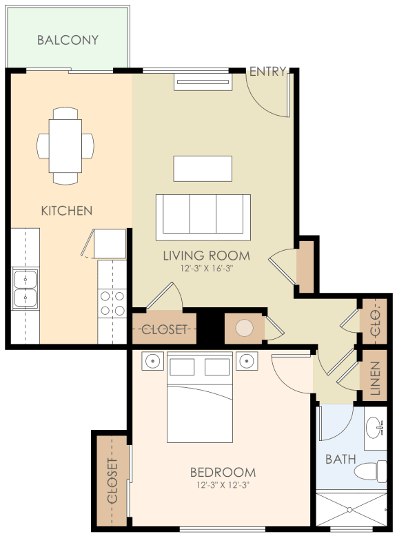 1 Bed 1 Bath Floor Plan 600 to 700 Sq.Ft. at Verandas, California