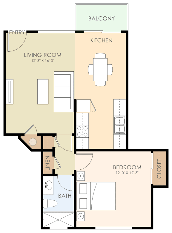 Unit 744 1 Bed 1 Bath Floor Plan 600 to 700 Sq.Ft. at Verandas, California, 94025