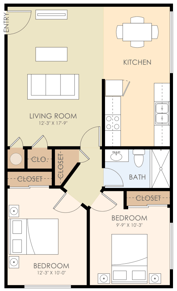Unit744 Q Two Bed One Bath Floor Plan 700 to 800 Sq.Ft. at Verandas, Menlo Park