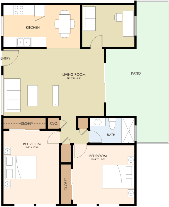 2 bedroom 1 bathroom floor plan D 916 to 1,026 Sq.Ft. at 520 E Bellevue, California