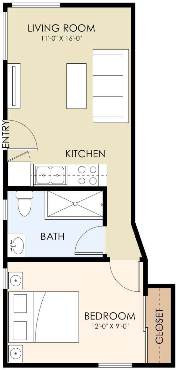 One Bedroom One Bath 375 Sq Ft
