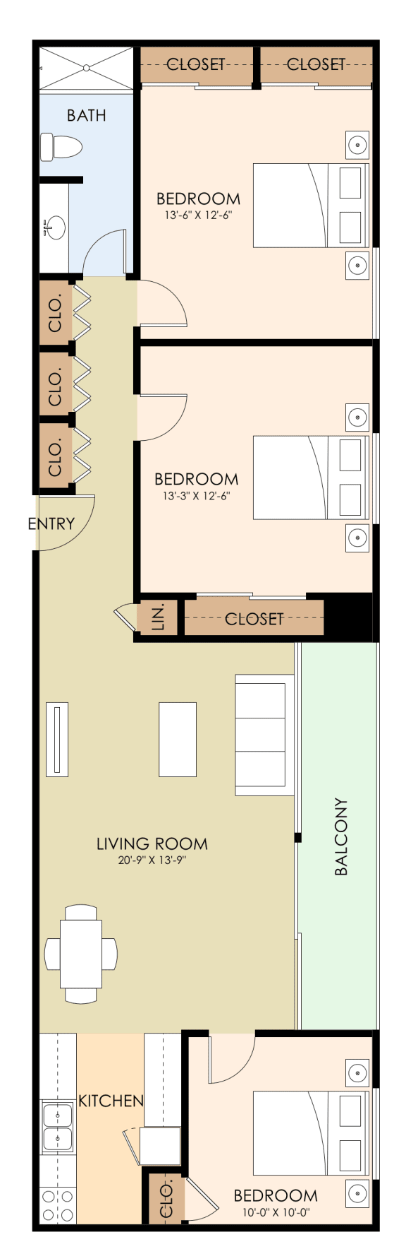 Three Bedroom One Bath Floor Plan 1,049 Sq.Ft. at 743 El Camino, Burlingame, 94010