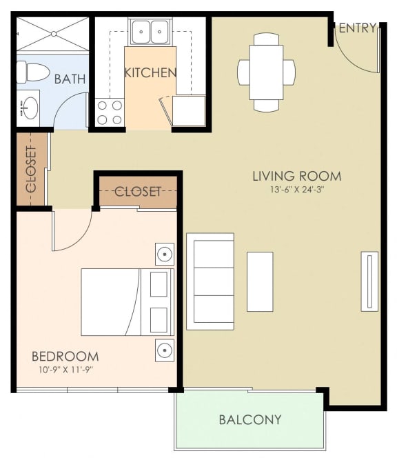 1 bedroom 1 bathroom floor plan 634 Sq.Ft. at Ambassador, San Mateo
