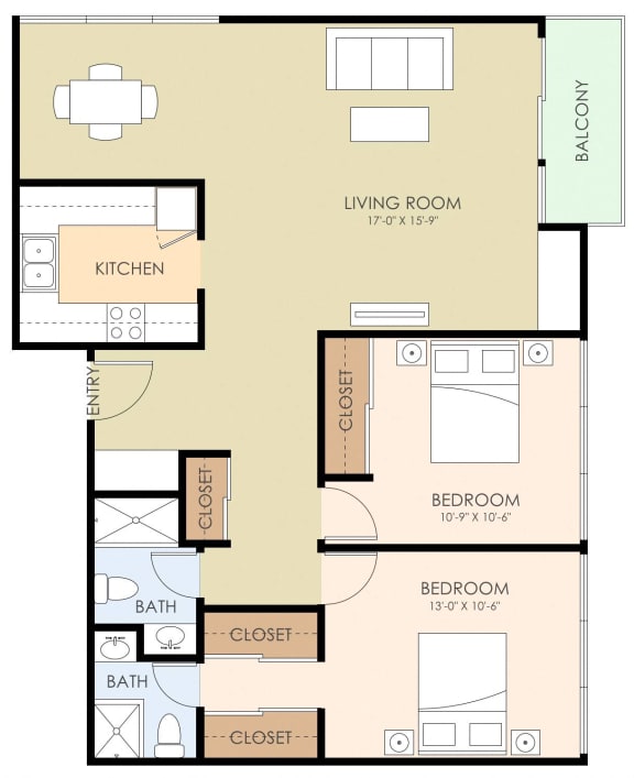 2 bedroom 2 bathroom floor plan 978 Sq.Ft. at Ambassador, California, 94401