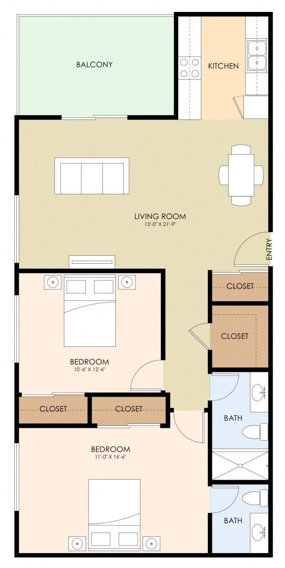 2 bedroom 1.5 bath floor plan z at Boardwalk, California