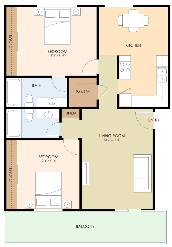Floor Plan  2 bedroom two bathroom, Casa Alberta Apartments, Sunnyvale, CA, 94087