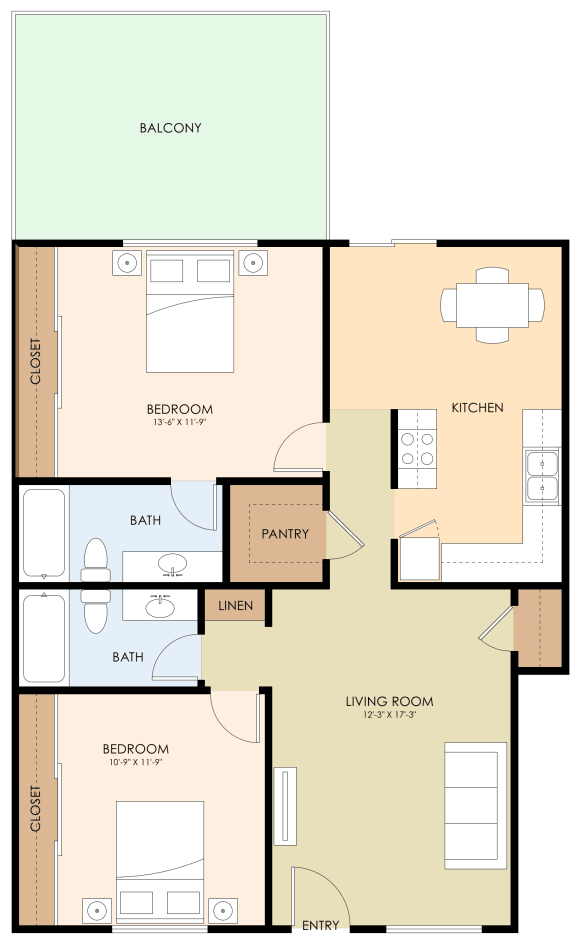 Two Bed Two Bath Floor Plan at Casa Alberta Apartment, California, 94087