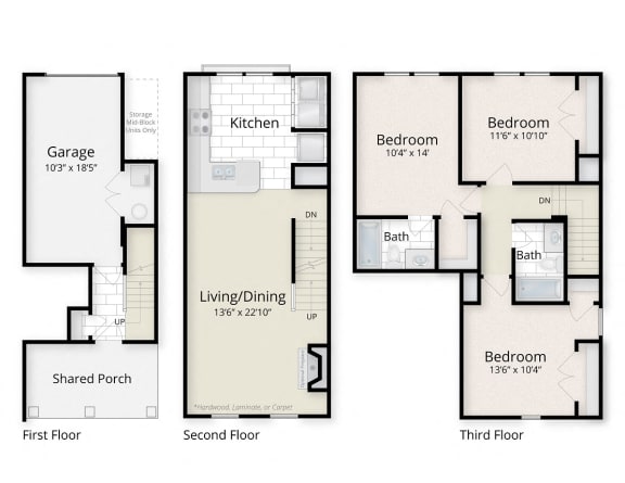 3 Bedroom Floor Plan at The Residences at King Farm, Rockville, MD