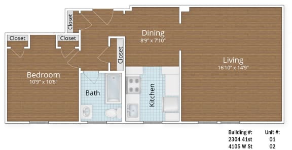 721 SF Junior One Bedroom at Park Crest Apartments, Washington, DC 20007