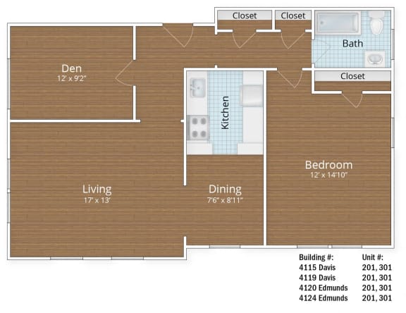 953 SF One BedroSF One Bedroom and Den at Park Crest Apartments, District of Columbia 20007