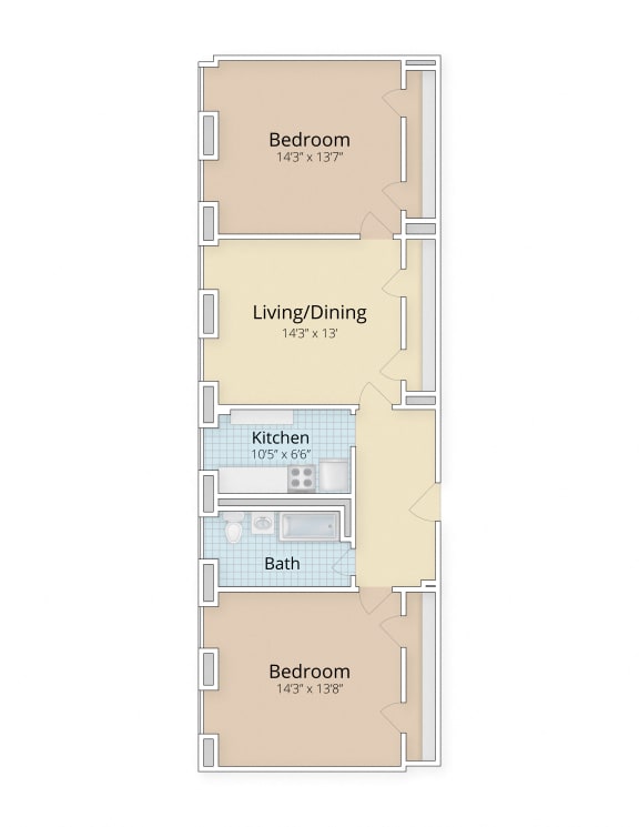 two bedroom floor plan at Cathedral Mansions, Washington, DC
