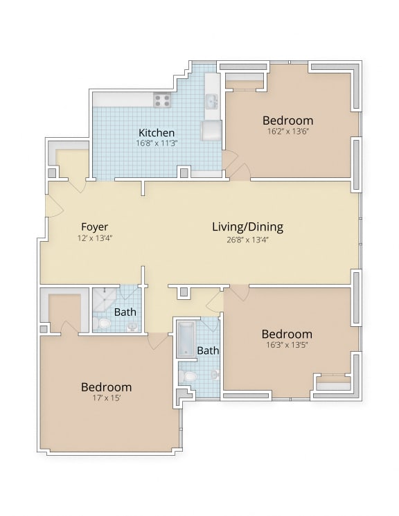 three bedroom 1 and half bath floor plan at Cathedral Mansions, Washington, 20008