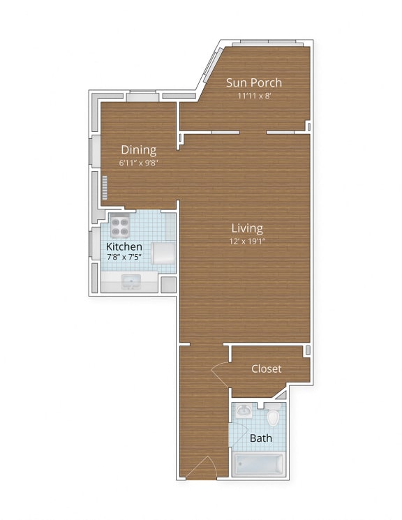 Studio 1 bathroom Floor Plan E at The Chalfonte Apartments, Washington, Washington DC