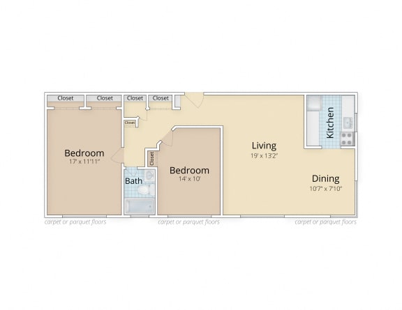 Two Bedroom One Bath Floor Plan at Legation House in Washington, DC 20015