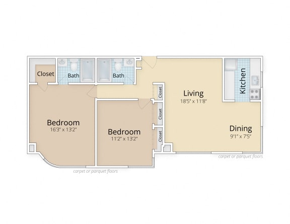 Two Bedroom Two Bath Floor Plan  at Legation House in Washington, DC 20015