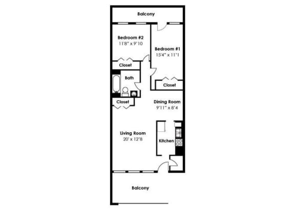 2D floorplan for 2 bed 1 bath 903sf, at Brook View Apartments, Baltimore, 21209