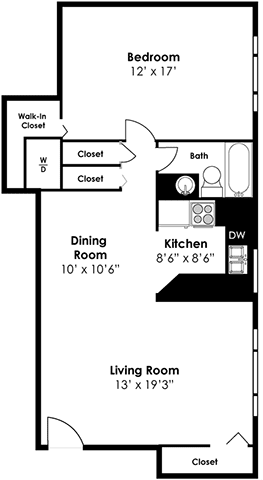 Floorplan for 1 bed 1 bath 845sf at Stevenson Lane Apartments, Towson, Maryland