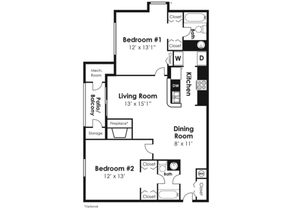 2 Bedroom 2 Bath - CWM II Floor Plan at The Crossings at White Marsh Apartments, White Marsh, MD