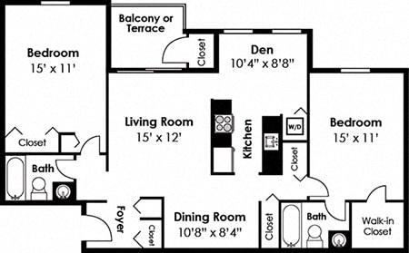 2 Bedroom 2 Bath Twin Suites Floor Plan at Westwinds Apartments, Annapolis, 21403