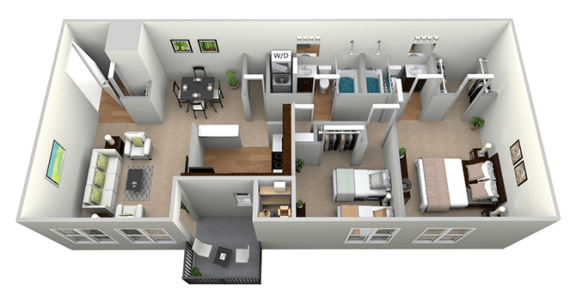 2 Bedroom 2 Bath Renovated 3D Floor Plan at Westwinds Apartments, Maryland, 21403