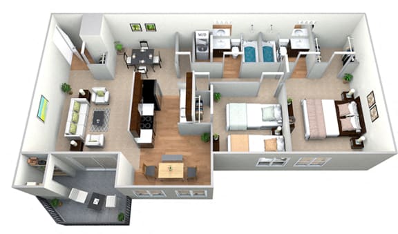 2 Bedroom 2 Bath Deluxe 3D Floor Plan at Westwinds Apartments, Annapolis, MD