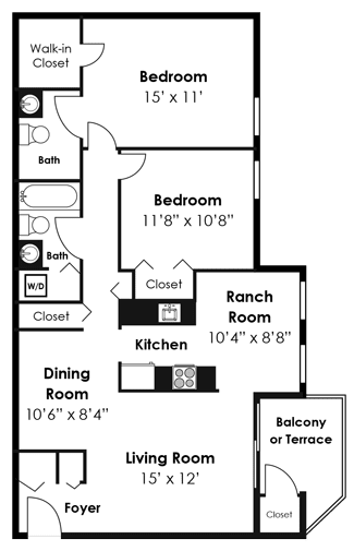 2 Bedroom 1.5 Bath Floor Plan at Westwinds Apartments, Annapolis, 21403