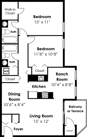 2 Bedroom 2 Bath Deluxe Floor Plan at Westwinds Apartments, Annapolis, MD, 21403