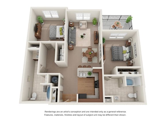 3D rendering of two bedroom with large patio at Ashley Auburn Pointe in Atlanta, GA