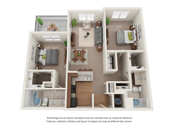 3D rendering of two bedroom two bath roomate style floorplan at Ashley Auburn Pointe in Atlanta, GA