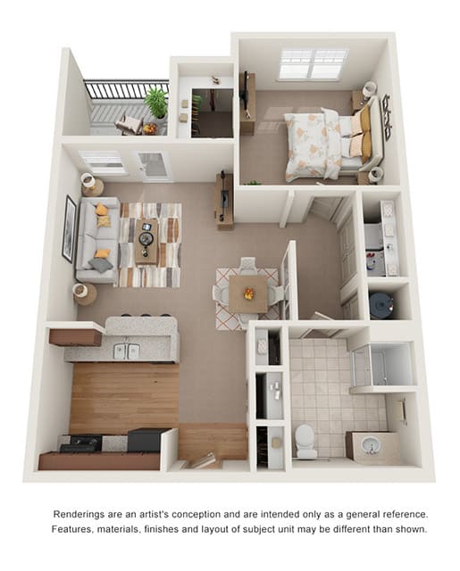 3D one bedroom floor plan with stad up shower at Ashley Auburn Pointe in Atlanta, GA