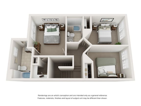 3x2 2 story illustrative floor plan at Ashley Collegetown in Atlanta, Georgia