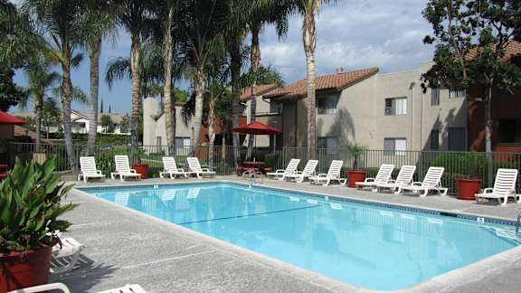 Pool With Relaxing Chairs at The Oaks Apartments, Upland, 91786
