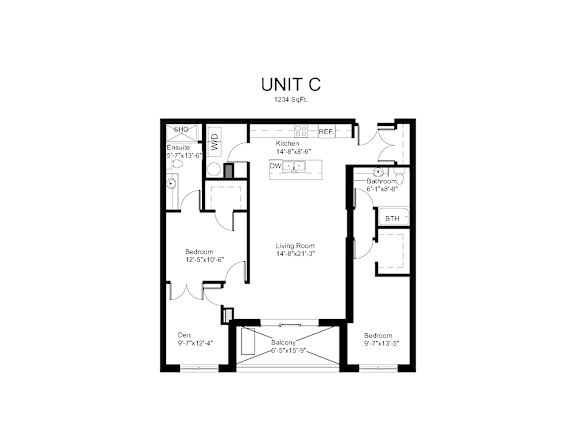 Floorplan of a 2 bedroom, 2 bathroom unit with a den