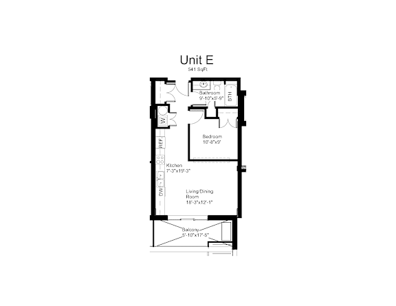 Floorplan of a 1 bedroom, 1 bathroom unit