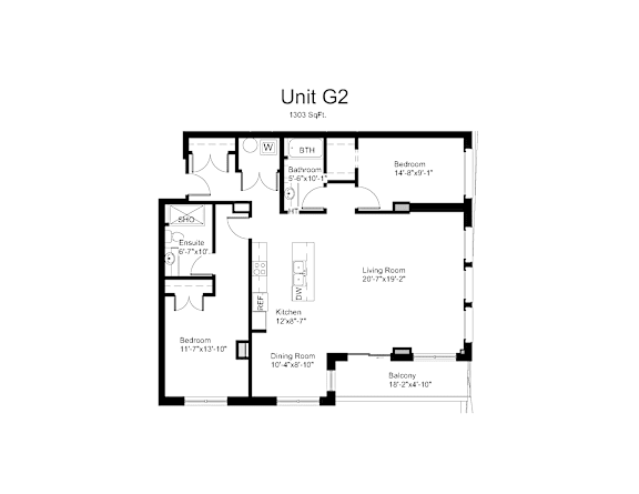 Floorplan of a 2 bedroom, 2 bathroom unit