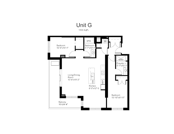 Floorplan of a 2 bedroom, 2 bathroom unit with a den