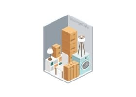 A 3D isometric image of a storage unit with household goods in it.