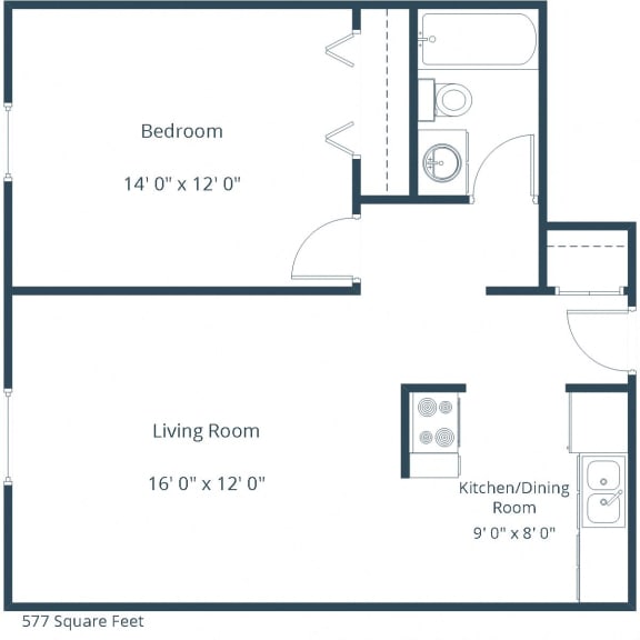 One-Bedroom Floor Plan at Parkview Arms Apartments in Bismarck, ND