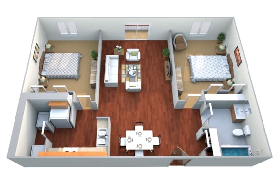 2 Bed 1 Bath Floor Plan at Waterstone Apartments, Moorhead, Minnesota