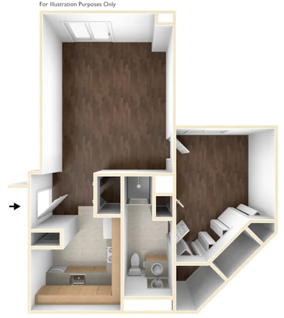 A cutaway illustration of a small apartment with a bedroom, living room, and kitchen.