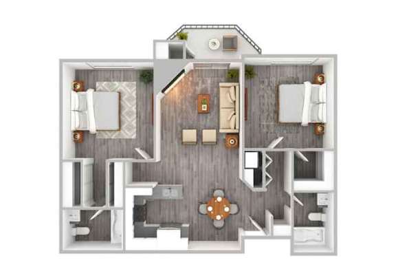A floor plan of a house with a kitchen, living room, dining room, and two bedrooms.