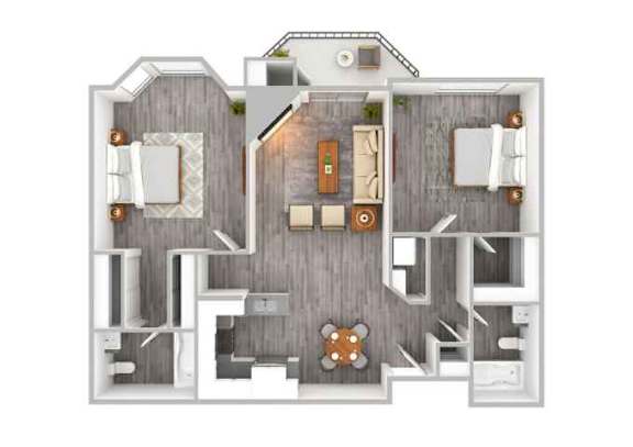 A 3D rendered image of a house layout.