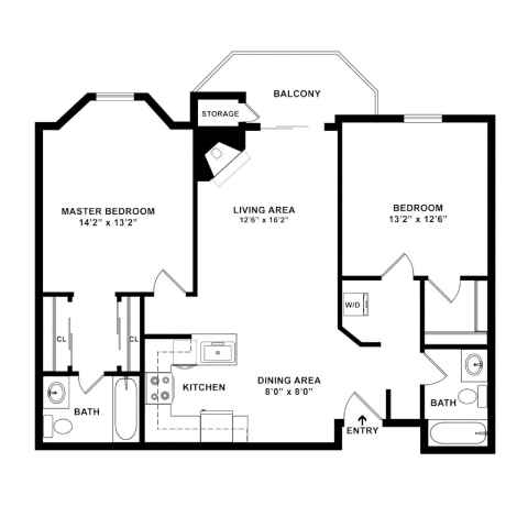 A black and white image of a house floor plan with a balcony, two bathrooms, a kitchen, a dining area, and three bedrooms.