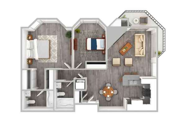 A top-down view of a house layout with a kitchen, living room, and bedrooms.