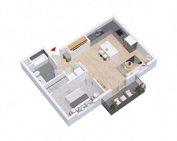 A 3D floor plan of a small apartment with a kitchen, living room, and bathroom.