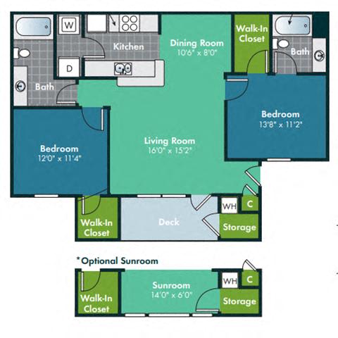 1118 Square-Feet 2 Bedroom 2 Bath Floorplan for Crabtree with Sunroom at Abberly Grove Apartment Homes by HHHunt, North Carolina