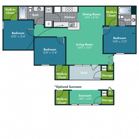 1333 Square-Feet 3 Bedroom 2 Bath Flooplan for Hatteras with Sunroom at Abberly Grove Apartment Homes by HHHunt, North Carolina, 27610
